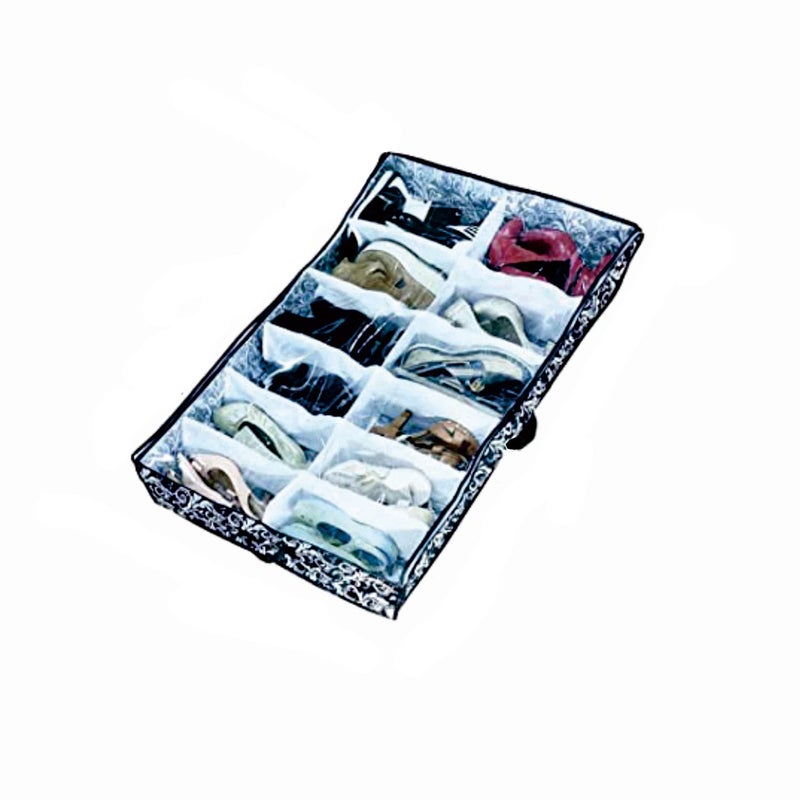 Shonpy Men/Woman 12 Cells See Through Underbed shoes and boots Storage Bag Organizer with black and white flower (black) - Image 1